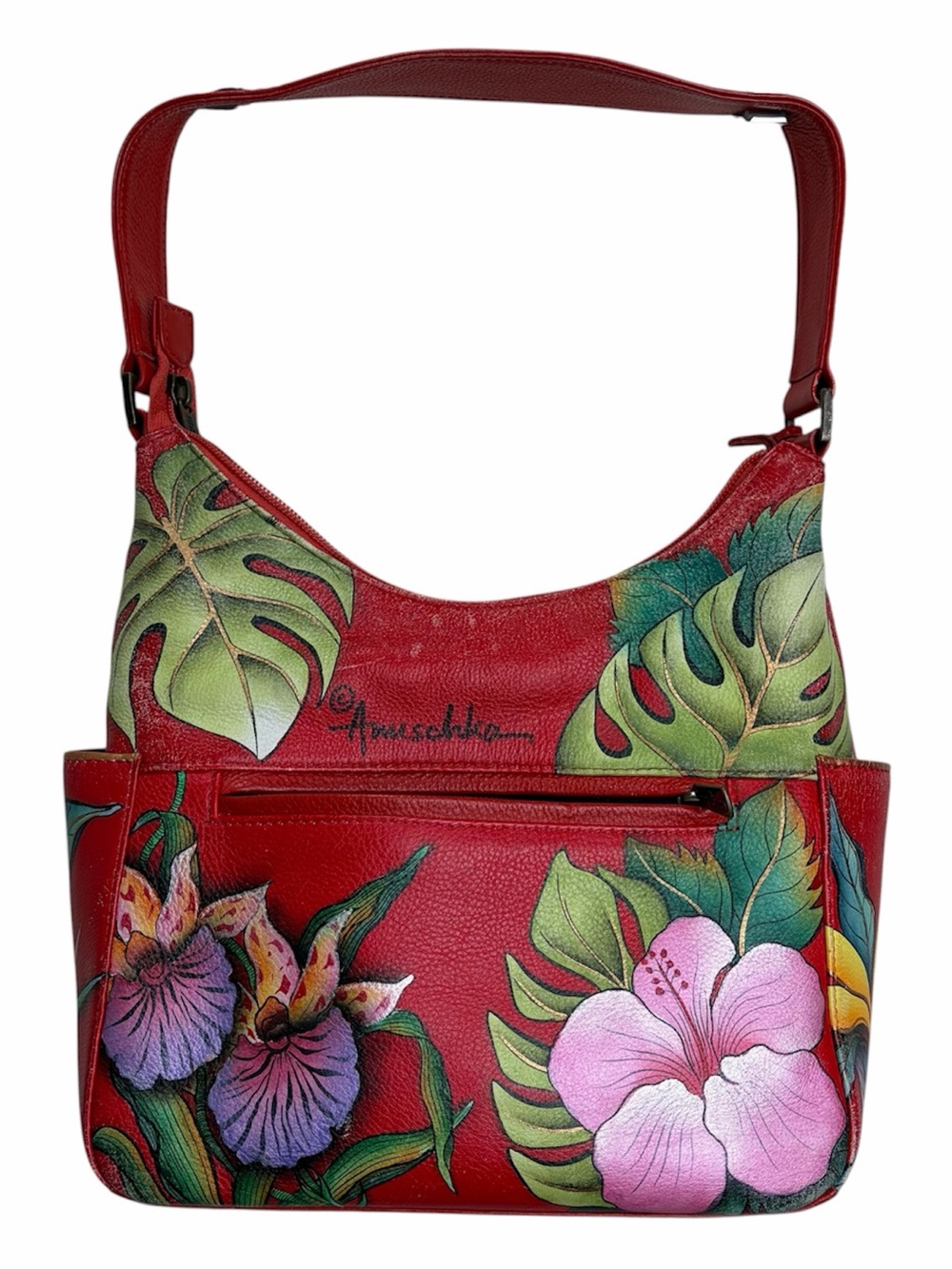 Anuschka Red Hand-Painted Tropical Floral Leather Shoulder Bag